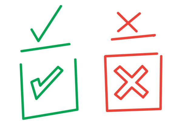 red and green colored hand drawn doodle check marks and cross illustration