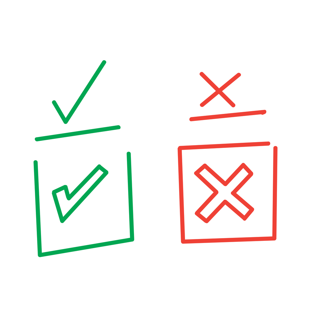 red and green colored hand drawn doodle check marks and cross illustration